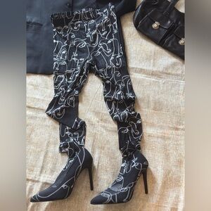 NEW Black Abstract Line Print Attached Stockings Stiletto Boots size 9